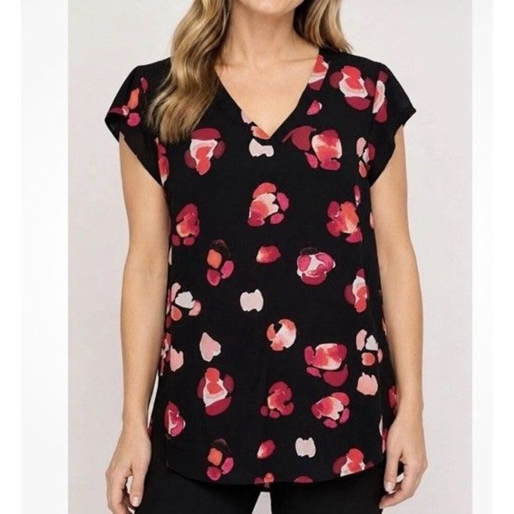 cabi 5523 Petal Top Large Black Pink Short Sleeve V-Neck Career Office Casual